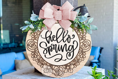 Hello Spring Round Door Hanger SVG • Floral Border Laser Cut Sign File for Glowforge xTool OMTech DIY Spring Porch Decor