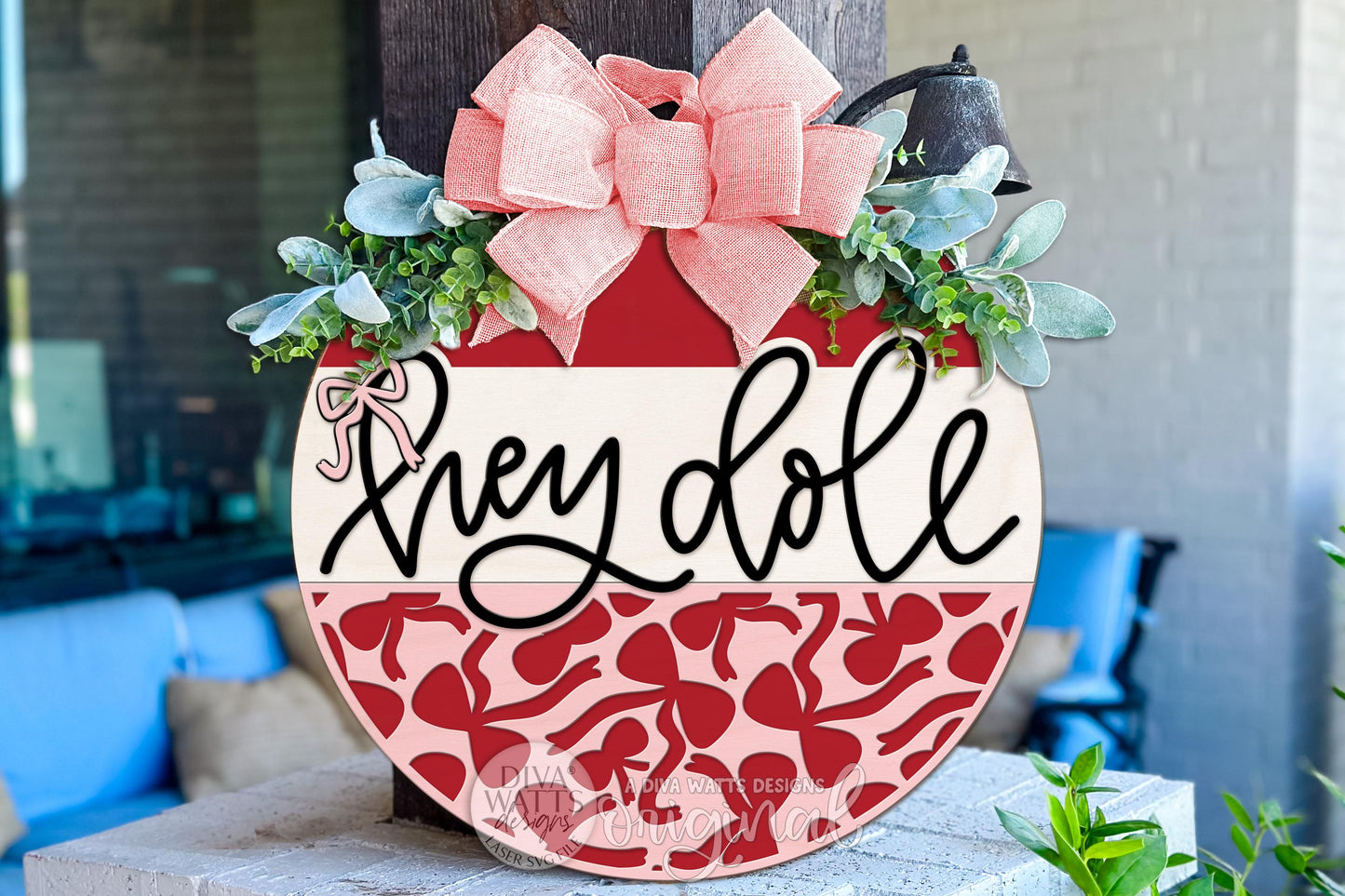 Hey Doll Round Door Hanger SVG Laser Cut File with Coquette Bow Pattern, Cute Porch Welcome Sign for Glowforge xTool DIY Craft Décor