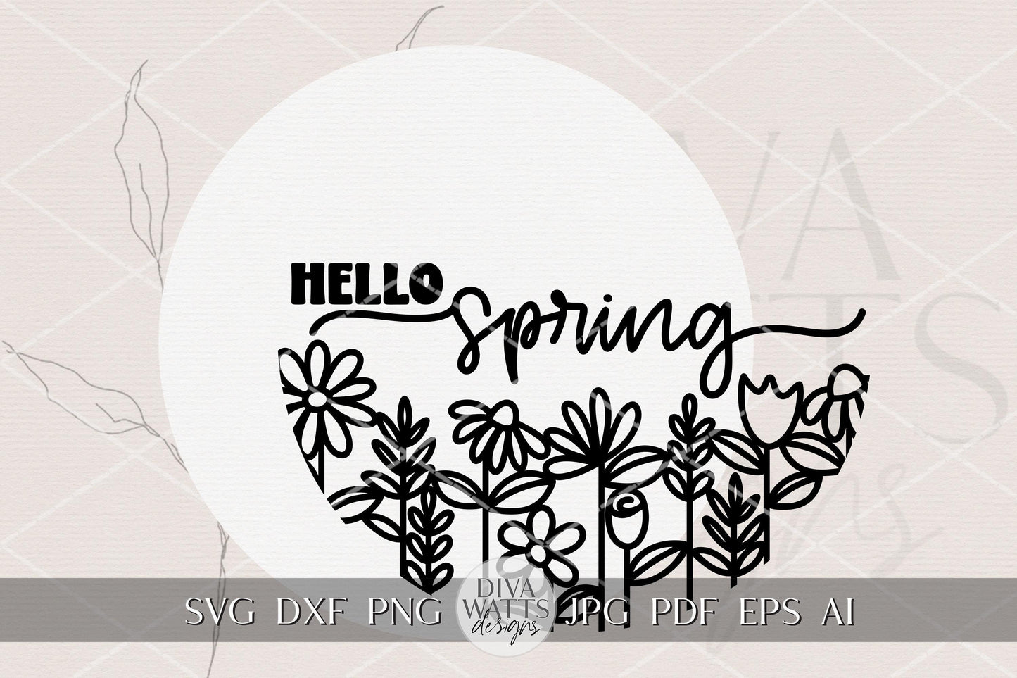Hello Spring Round Door Hanger SVG • Floral Layered Laser Cut File • Spring Porch Sign Digital Design for Glowforge DIY Flower Welcome Sign