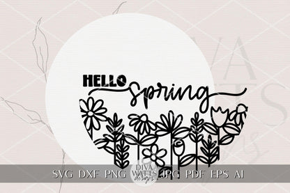 Hello Spring Round Door Hanger SVG • Floral Layered Laser Cut File • Spring Porch Sign Digital Design for Glowforge DIY Flower Welcome Sign