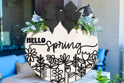 Hello Spring Round Door Hanger SVG • Floral Layered Laser Cut File • Spring Porch Sign Digital Design for Glowforge DIY Flower Welcome Sign
