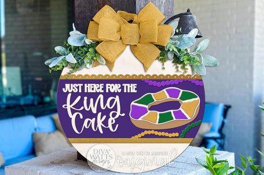 Mardi Gras King Cake Round Door Hanger SVG | Just Here for the King Cake Sign Laser Cut File | Layered SVG for Glowforge xTool OMTech Crafts