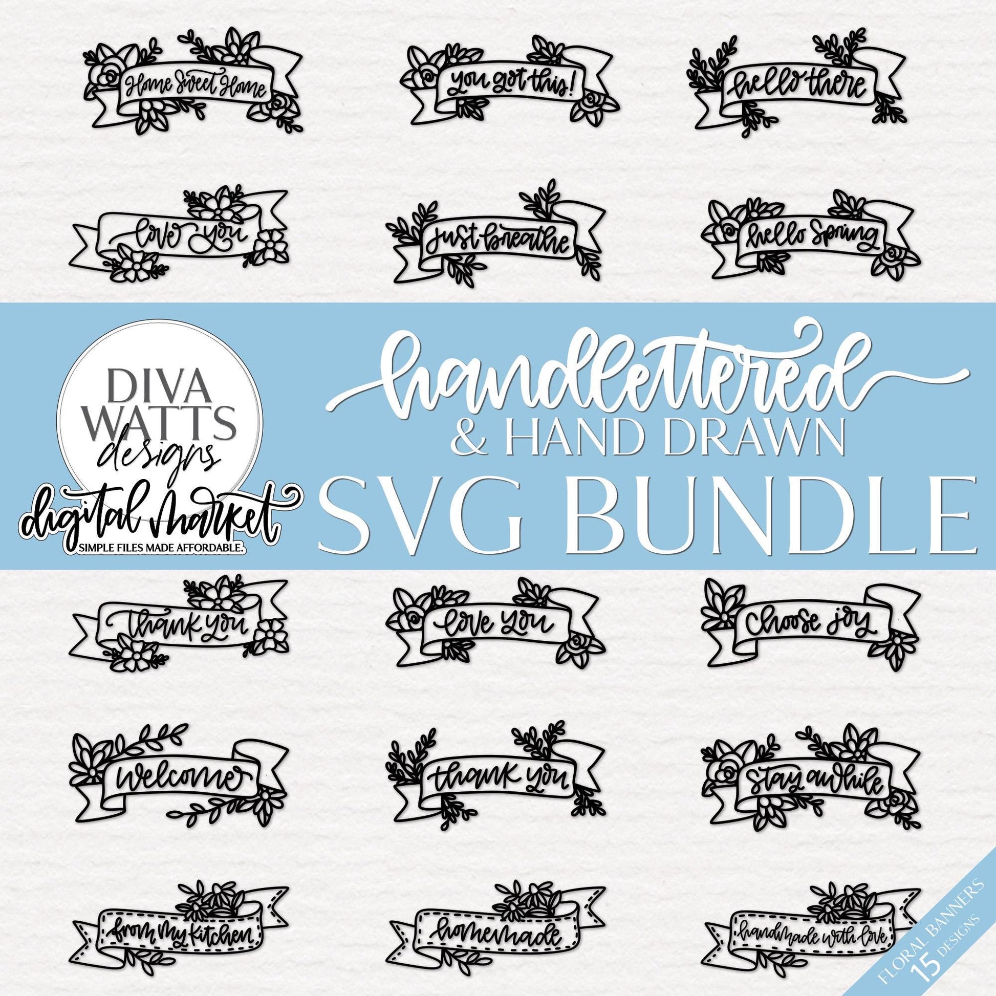 Handlettered Floral Banner Greeting SVG Bundle for Cricut & Silhouette | Hand-Drawn Ribbon Banner SVG Set