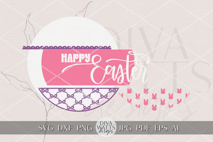 Happy Easter Round Door Hanger SVG with Bow, Coquette Easter Sign, Layered Spring Porch Decor, DIY Laser Cut File