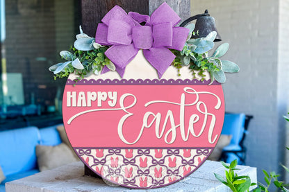Happy Easter Round Door Hanger SVG with Bow, Coquette Easter Sign, Layered Spring Porch Decor, DIY Laser Cut File