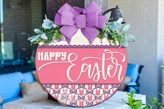 Happy Easter Round Door Hanger SVG with Bow, Coquette Easter Sign, Layered Spring Porch Decor, DIY Laser Cut File