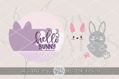 Hello Bunny Easter Round Door Hanger SVG Laser Cut File for Spring Porch Decor, Cute Bunny Sign, Layered Round Door Hanger DIY