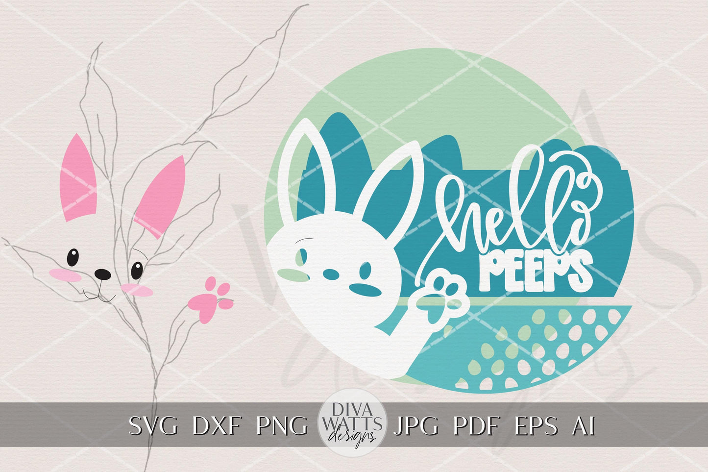 Hello Peeps Easter Bunny Round Door Hanger SVG for Laser Cutting, Cute Bunny Porch Sign File, Spring Easter Decor, DIY Laser Cut Door Sign