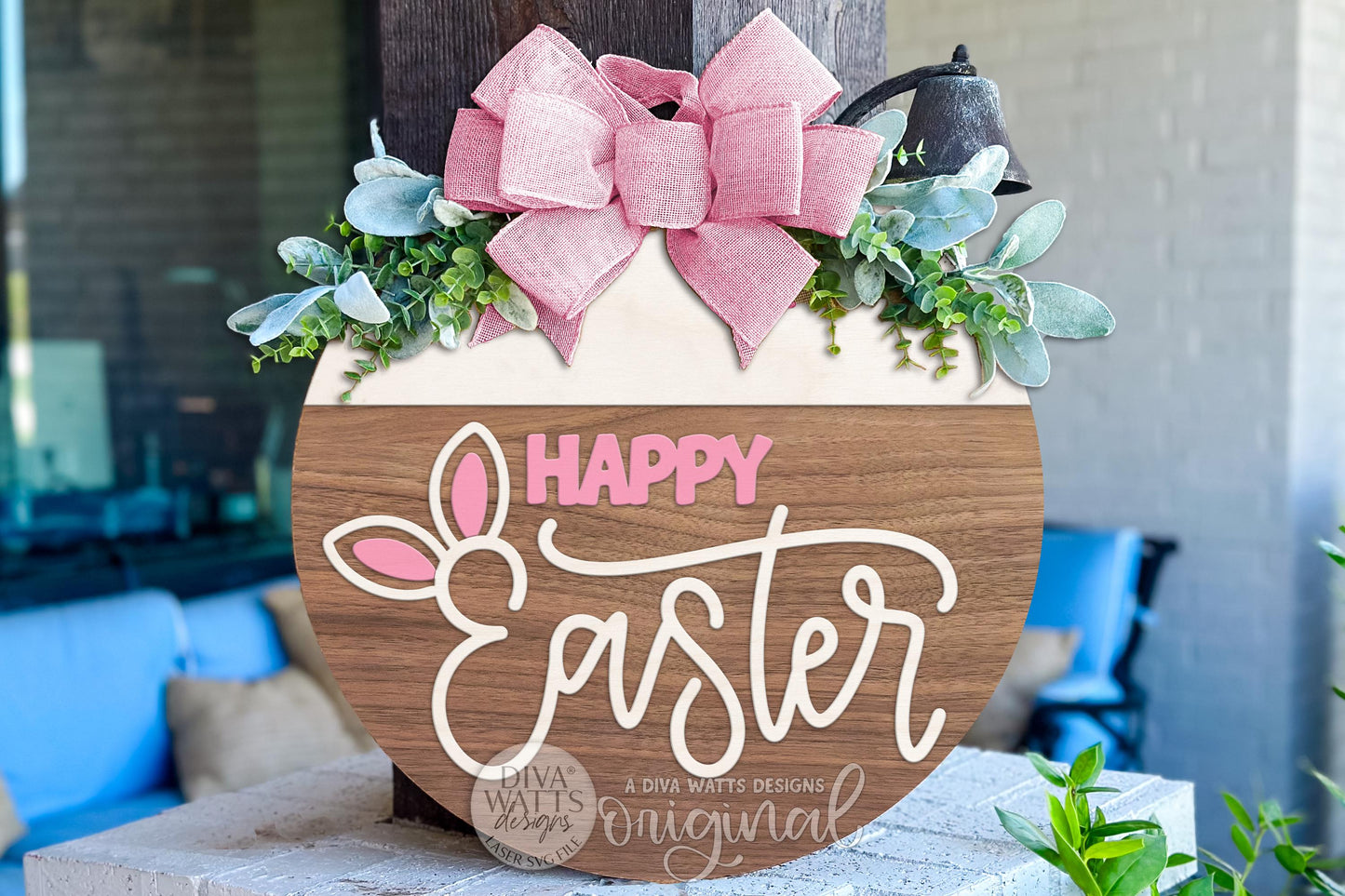 Digital file / instant download of a layered Happy Easter round door hanger SVG laser cut design. This digital SVG file is made for laser machines like Glowforge, xTool, OMTech, and more, allowing you to cut and assemble your own Easter round sign using your chosen wood and materials. Perfect for creating a bunny-themed porch sign, spring door décor, or seasonal DIY project. Multiple formats included for flexibility. Digital file only—no physical product shipped.