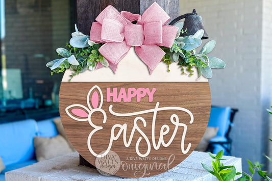 Digital file / instant download of a layered Happy Easter round door hanger SVG laser cut design. This digital SVG file is made for laser machines like Glowforge, xTool, OMTech, and more, allowing you to cut and assemble your own Easter round sign using your chosen wood and materials. Perfect for creating a bunny-themed porch sign, spring door décor, or seasonal DIY project. Multiple formats included for flexibility. Digital file only—no physical product shipped.