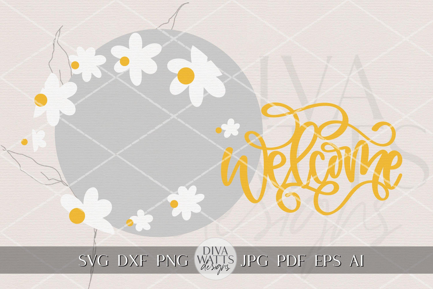 Welcome Daisy Floral Round Door Hanger SVG Laser Cut File, Spring Porch Sign Round, Layered Welcome Door Decor DIY Glowforge