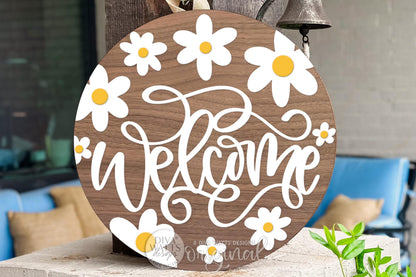 Welcome Daisy Floral Round Door Hanger SVG Laser Cut File, Spring Porch Sign Round, Layered Welcome Door Decor DIY Glowforge