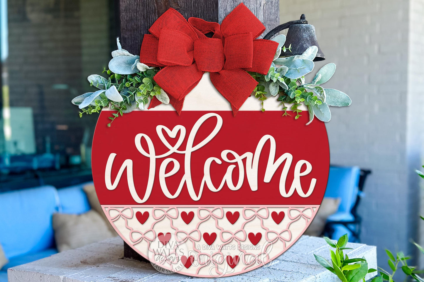 Welcome Heart Door Hanger SVG Laser Cut File with Script Welcome, Layered Round Sign, Bow & Heart Pattern, DIY Porch Decor Glowforge xTool