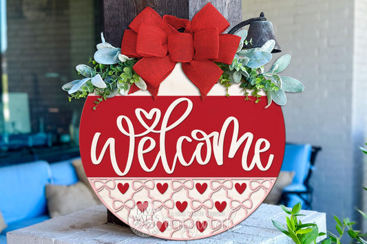Welcome Heart Door Hanger SVG Laser Cut File with Script Welcome, Layered Round Sign, Bow & Heart Pattern, DIY Porch Decor Glowforge xTool