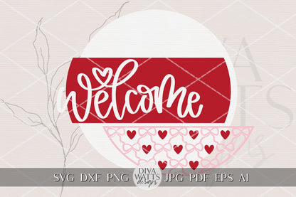 Welcome Heart Door Hanger SVG Laser Cut File with Script Welcome, Layered Round Sign, Bow & Heart Pattern, DIY Porch Decor Glowforge xTool