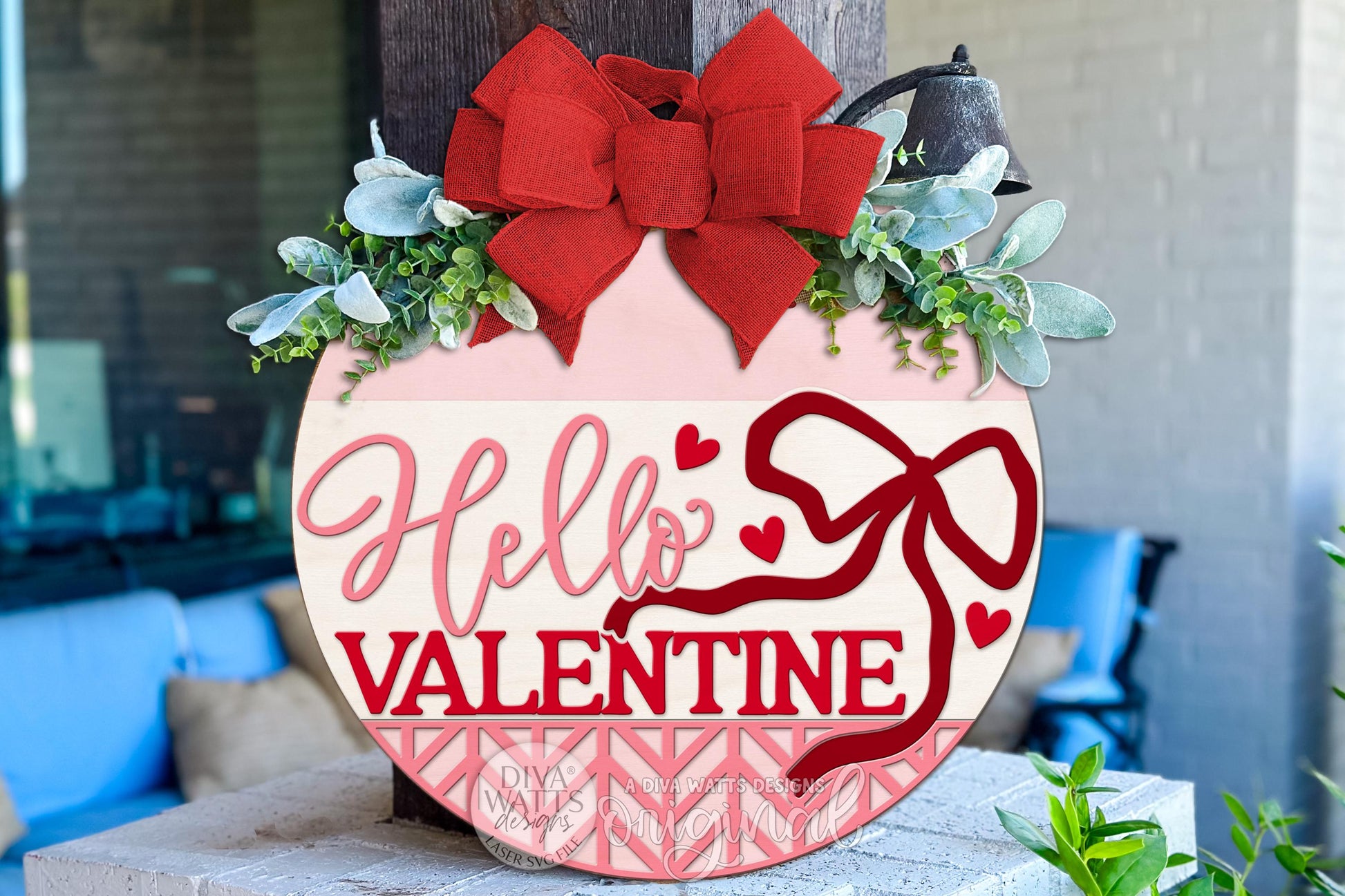 Hello Valentine Round Door Hanger SVG with Coquette Bow • Layered Valentine Sign Laser Cut File for Glowforge xTool OMTech DIY Porch Decor