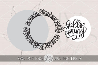 Hello Spring Round Door Hanger SVG • Floral Border Laser Cut Sign File for Glowforge xTool OMTech DIY Spring Porch Decor