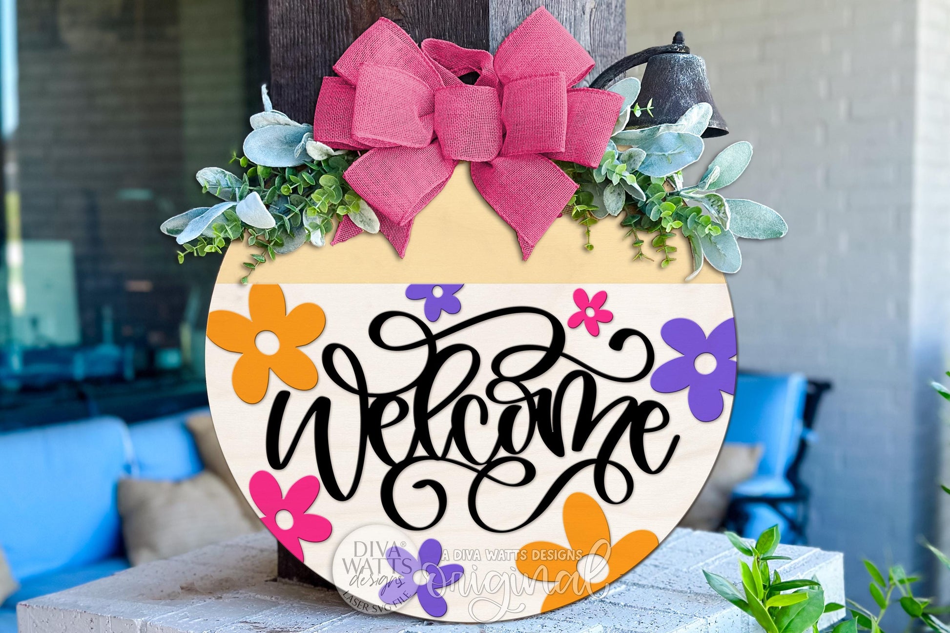 Welcome Round Door Hanger SVG Laser Cut File with Layered Floral Accents, Whimsical Welcome Sign for Glowforge xTool DIY Porch Décor