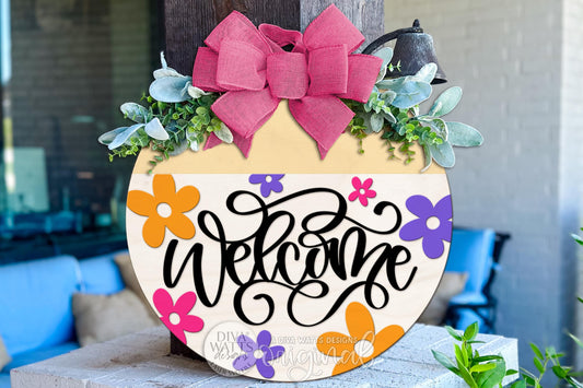 Welcome Round Door Hanger SVG Laser Cut File with Layered Floral Accents, Whimsical Welcome Sign for Glowforge xTool DIY Porch Décor