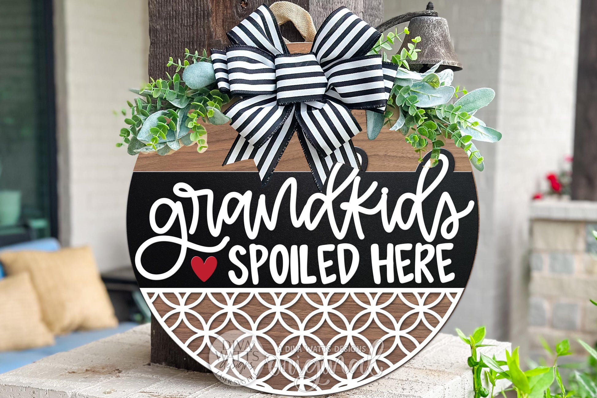 Grandkids Spoiled Here Round Door Hanger SVG, Layered Laser Cut File with Geometric Pattern, Farmhouse Porch Sign for Glowforge xTool OMTech