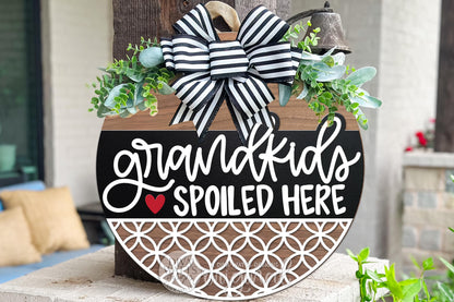 Grandkids Spoiled Here Round Door Hanger SVG, Layered Laser Cut File with Geometric Pattern, Farmhouse Porch Sign for Glowforge xTool OMTech