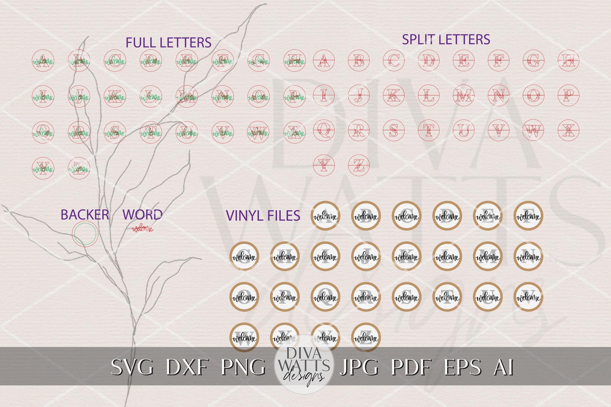 Welcome Split Monogram Alphabet SVG for Laser Cut Round Door Hanger, Initial Welcome Sign, Layered Porch Decor DIY Laser Files