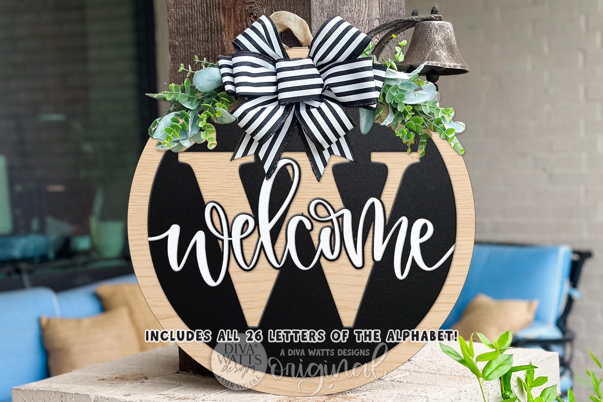 Welcome Split Monogram Alphabet SVG for Laser Cut Round Door Hanger, Initial Welcome Sign, Layered Porch Decor DIY Laser Files