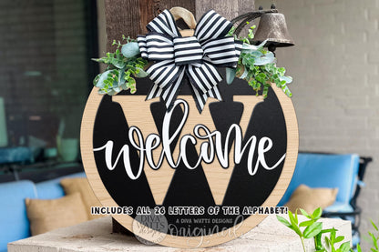 Welcome Split Monogram Alphabet SVG for Laser Cut Round Door Hanger, Initial Welcome Sign, Layered Porch Decor DIY Laser Files