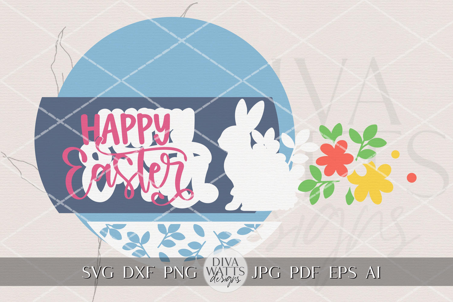 Happy Easter Round Door Hanger SVG Laser Cut File Bunny Floral Spring Porch Sign Digital Download for DIY Wood Door Decor Craft