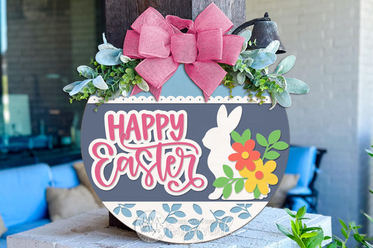 Happy Easter Round Door Hanger SVG Laser Cut File Bunny Floral Spring Porch Sign Digital Download for DIY Wood Door Decor Craft