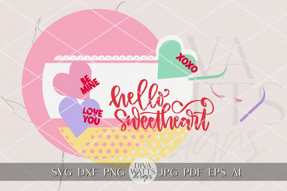 Hello Sweetheart Valentine Round Door Hanger SVG File for Laser Cut Signs, Valentine Porch Decor DIY Sign SVG, Layered Heart Door Hanger