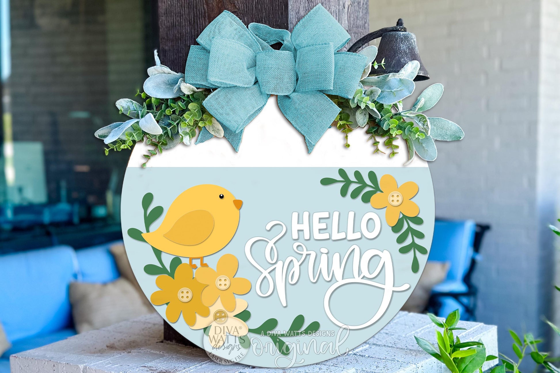 Hello Spring Round Door Hanger SVG File, Spring Door Sign Laser Cut Design, Chick Floral Porch Decor, DIY Wood Sign SVG