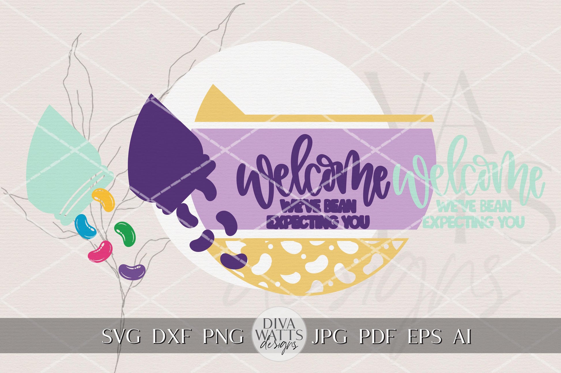 Welcome We’ve Bean Expecting You Round Door Hanger SVG, Easter Jelly Bean Spring Door Sign, Layered Laser Cut DIY Porch Decor