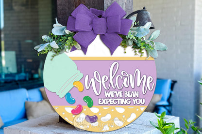 Welcome We’ve Bean Expecting You Round Door Hanger SVG, Easter Jelly Bean Spring Door Sign, Layered Laser Cut DIY Porch Decor