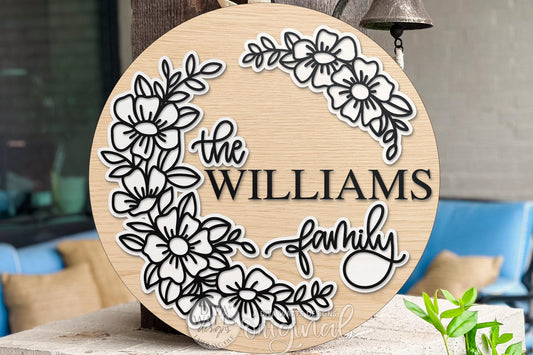 Personalized Family Name Round Door Hanger SVG, Floral Last Name Sign Laser Cut File, Custom Welcome Door Sign, Layered DIY Porch Decor