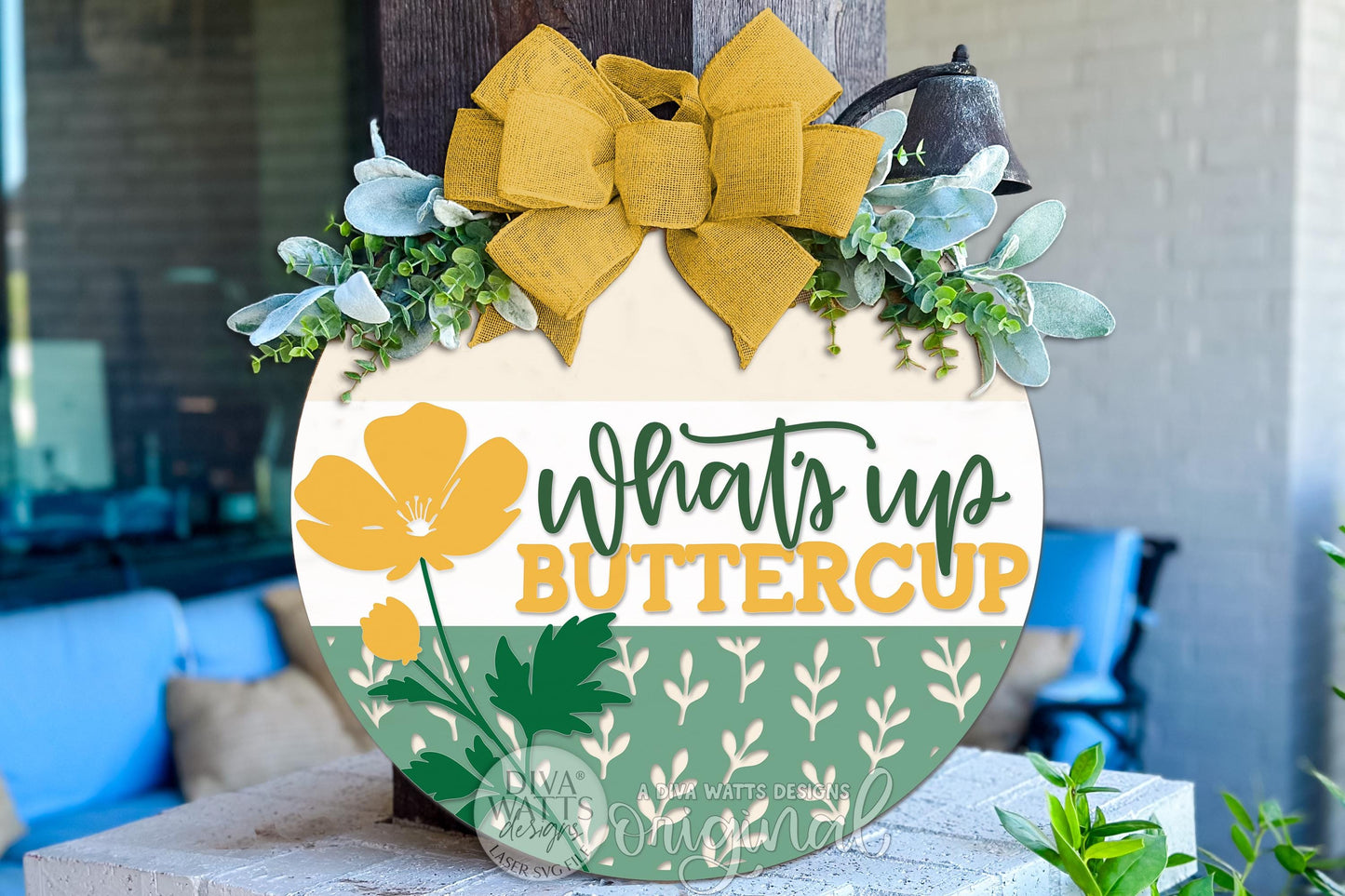 What’s Up Buttercup Round Door Hanger SVG, Spring Flower Door Sign Laser Cut File, Buttercup Floral Porch Decor, Layered DIY Wood Sign
