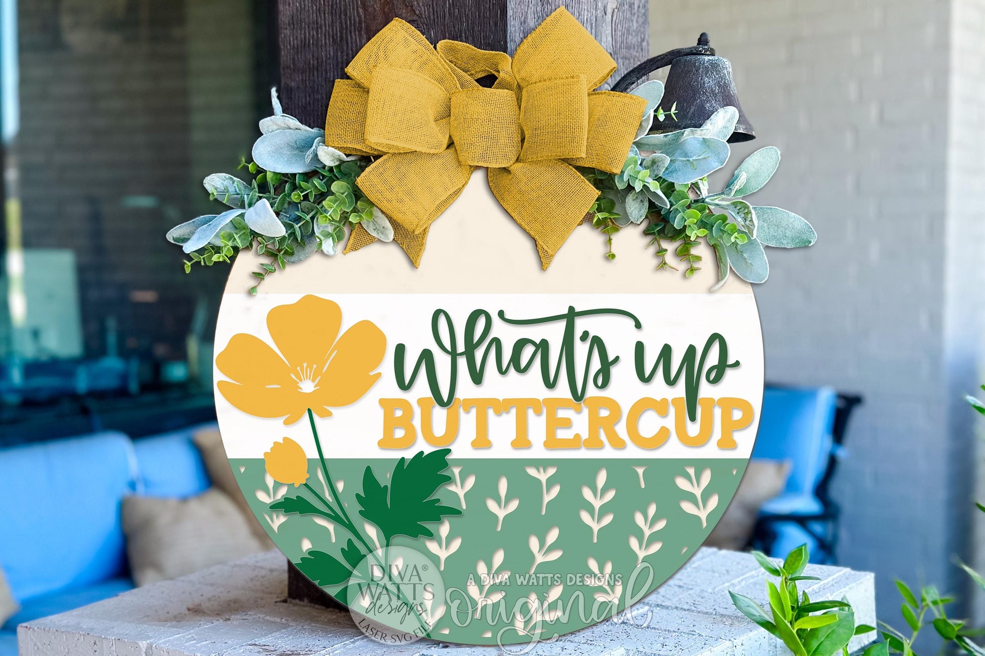 What’s Up Buttercup Round Door Hanger SVG, Spring Flower Door Sign Laser Cut File, Buttercup Floral Porch Decor, Layered DIY Wood Sign