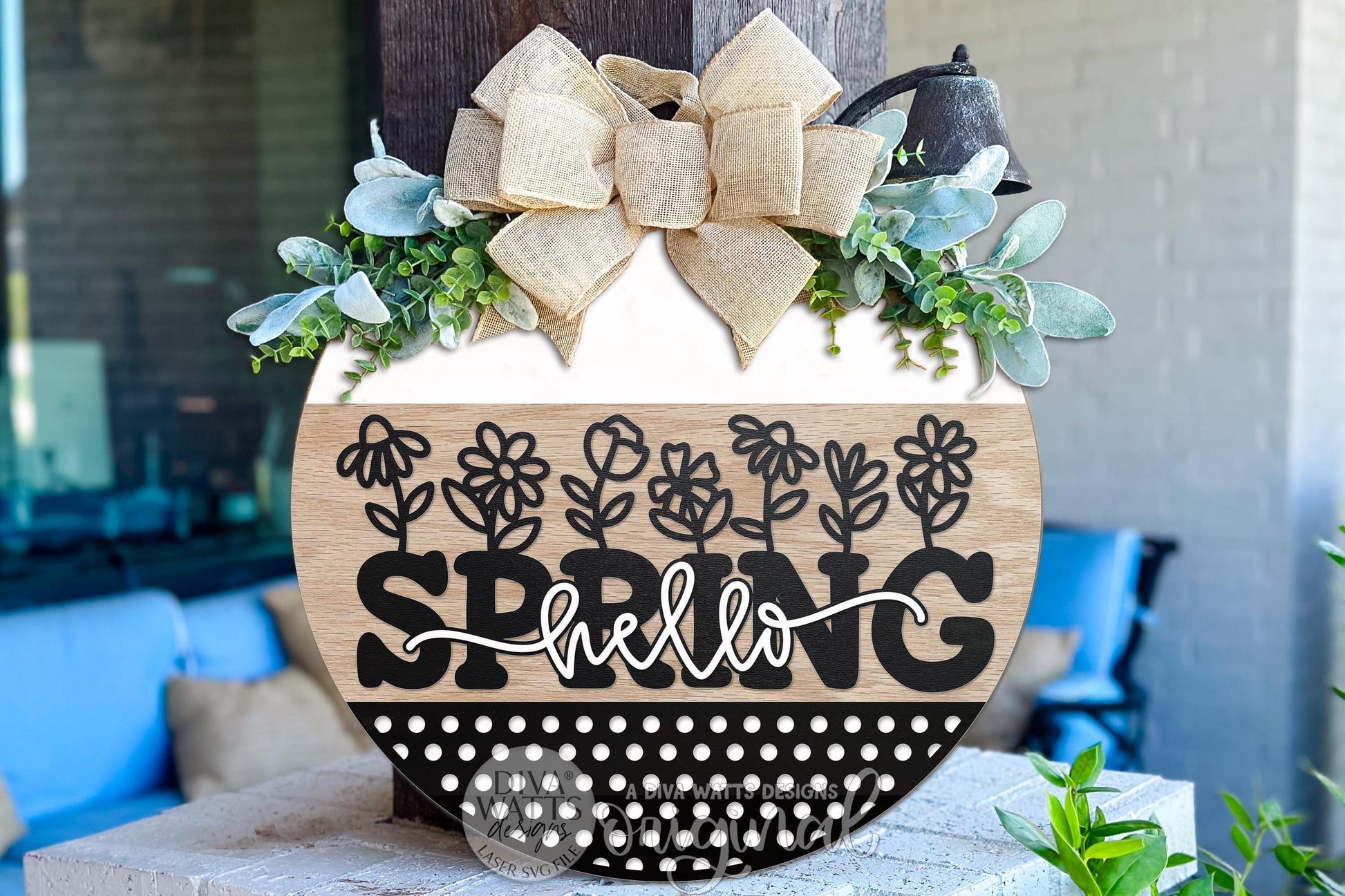Digital SVG file for a Hello Spring round door hanger laser cut design with floral accents and layered lettering. This instant download includes a laser-ready SVG and multiple file formats. Create your own DIY spring door hanger, porch décor, or seasonal sign using this digital file. No physical sign included—this laser cut design allows full customization of colors, size, and finish.