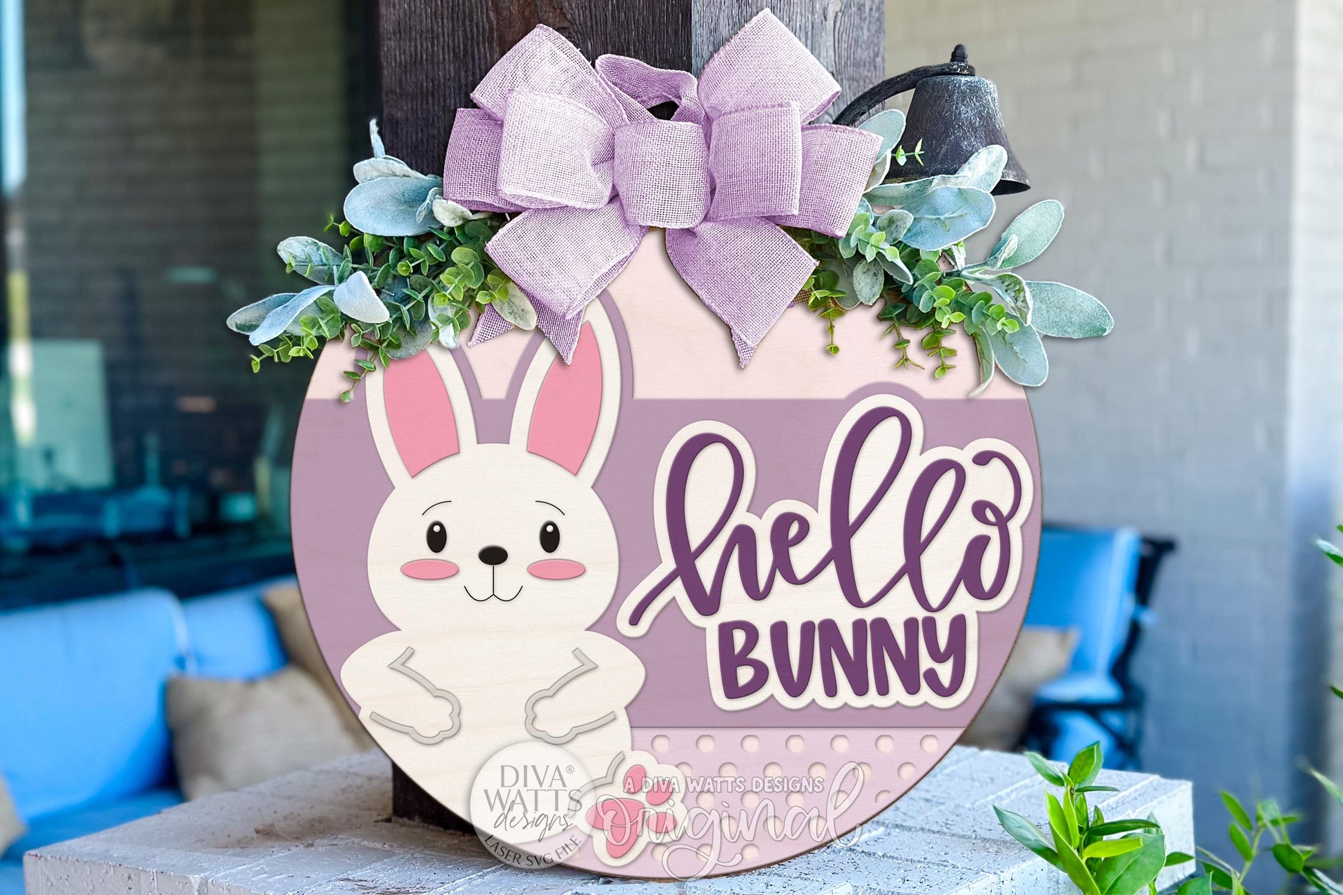 Hello Bunny Easter Round Door Hanger SVG Laser Cut File for Spring Porch Decor, Cute Bunny Sign, Layered Round Door Hanger DIY