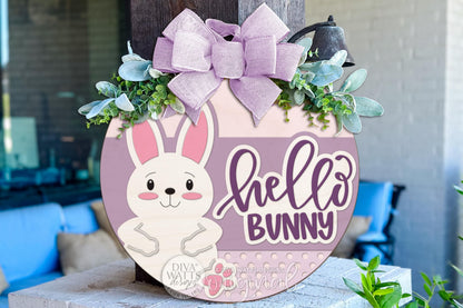 Hello Bunny Easter Round Door Hanger SVG Laser Cut File for Spring Porch Decor, Cute Bunny Sign, Layered Round Door Hanger DIY