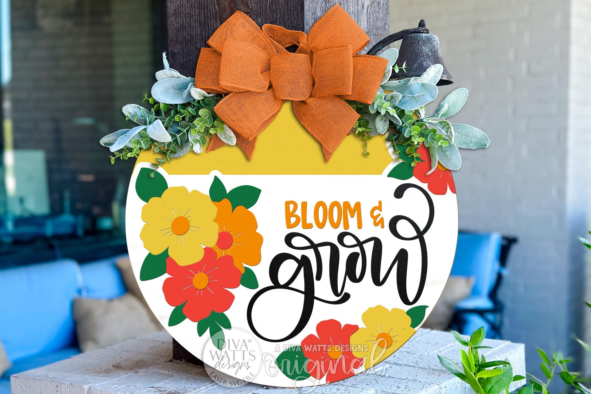 Digital SVG file for a Bloom & Grow round door hanger laser cut design with layered spring flowers and bold script lettering. This instant download includes a laser-ready SVG and multiple file formats for laser machines. Create your own DIY round door hanger, spring porch décor, or inspirational sign using this digital file. No physical sign included—this digital laser cut design allows full customization of colors, size, and finish for a bright, uplifting home décor project.