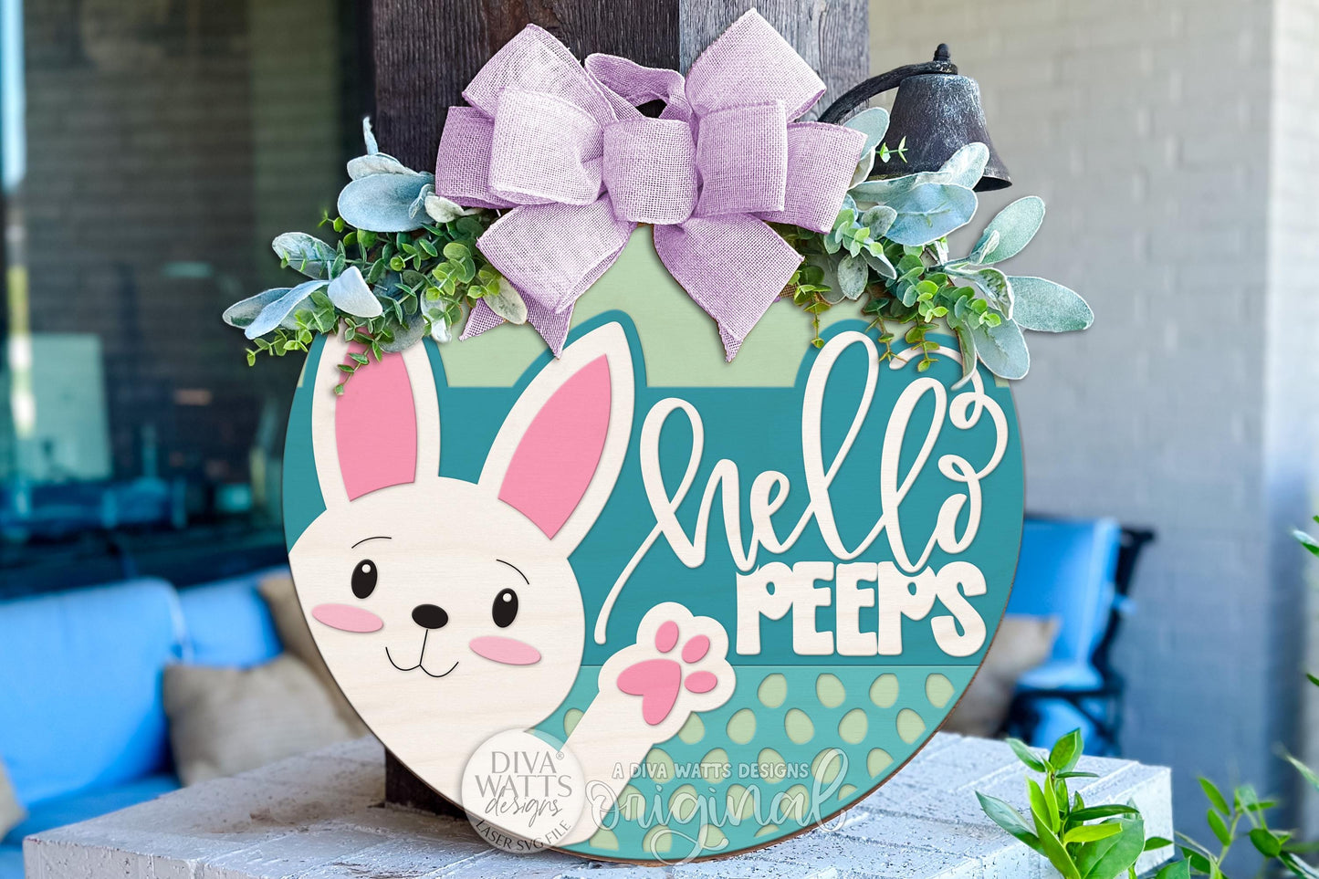 Hello Peeps Easter Bunny Round Door Hanger SVG for Laser Cutting, Cute Bunny Porch Sign File, Spring Easter Decor, DIY Laser Cut Door Sign