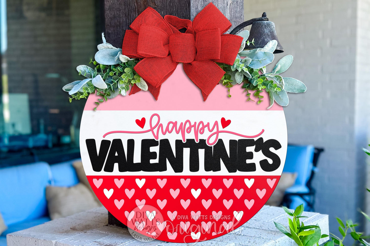 Digital SVG file for a Happy Valentine’s Day round door hanger laser cut design with layered lettering and heart pattern details. This instant download includes a laser-ready SVG and multiple file formats for laser machines. Create your own DIY Valentine door hanger, porch décor, or seasonal sign using this digital file. No physical sign included—this digital laser cut design allows full customization of colors, size, and finish for festive Valentine décor.