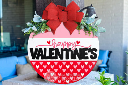Digital SVG file for a Happy Valentine’s Day round door hanger laser cut design with layered lettering and heart pattern details. This instant download includes a laser-ready SVG and multiple file formats for laser machines. Create your own DIY Valentine door hanger, porch décor, or seasonal sign using this digital file. No physical sign included—this digital laser cut design allows full customization of colors, size, and finish for festive Valentine décor.