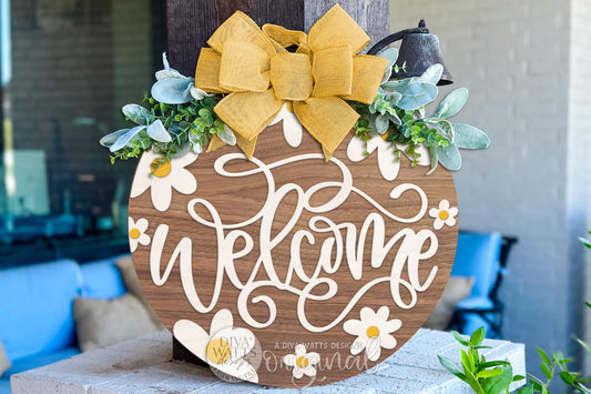 Welcome Daisy Floral Round Door Hanger SVG Laser Cut File, Spring Porch Sign Round, Layered Welcome Door Decor DIY Glowforge