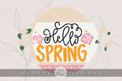 Hello Spring Round Door Hanger SVG Laser Cut File for Spring Porch Decor, Floral Welcome Sign, Layered Round Door Hanger DIY