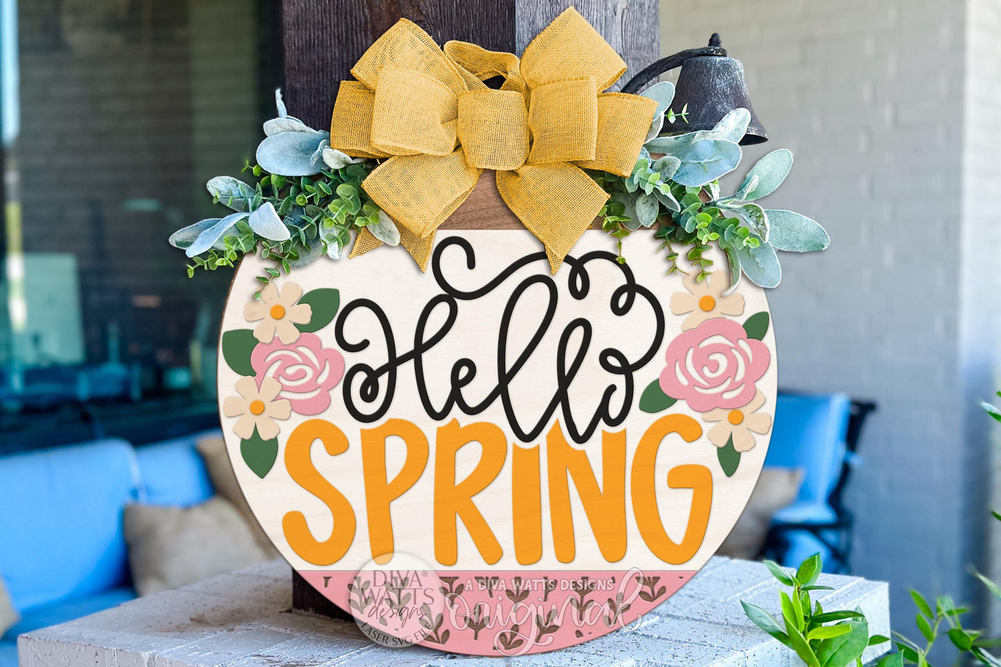 Hello Spring Round Door Hanger SVG Laser Cut File for Spring Porch Decor, Floral Welcome Sign, Layered Round Door Hanger DIY