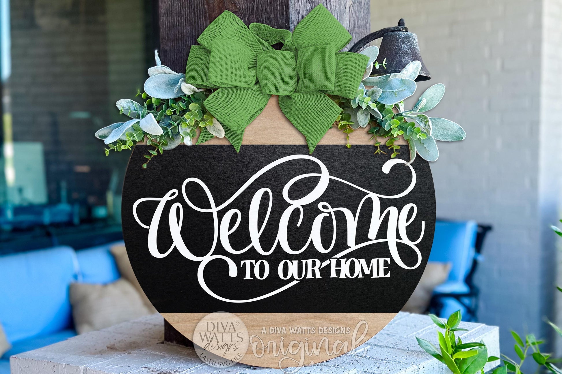 Welcome To Our Home Round Door Hanger SVG File, Welcome Door Sign Laser Cut Design, Farmhouse Porch Decor, Layered DIY Wood Sign SVG