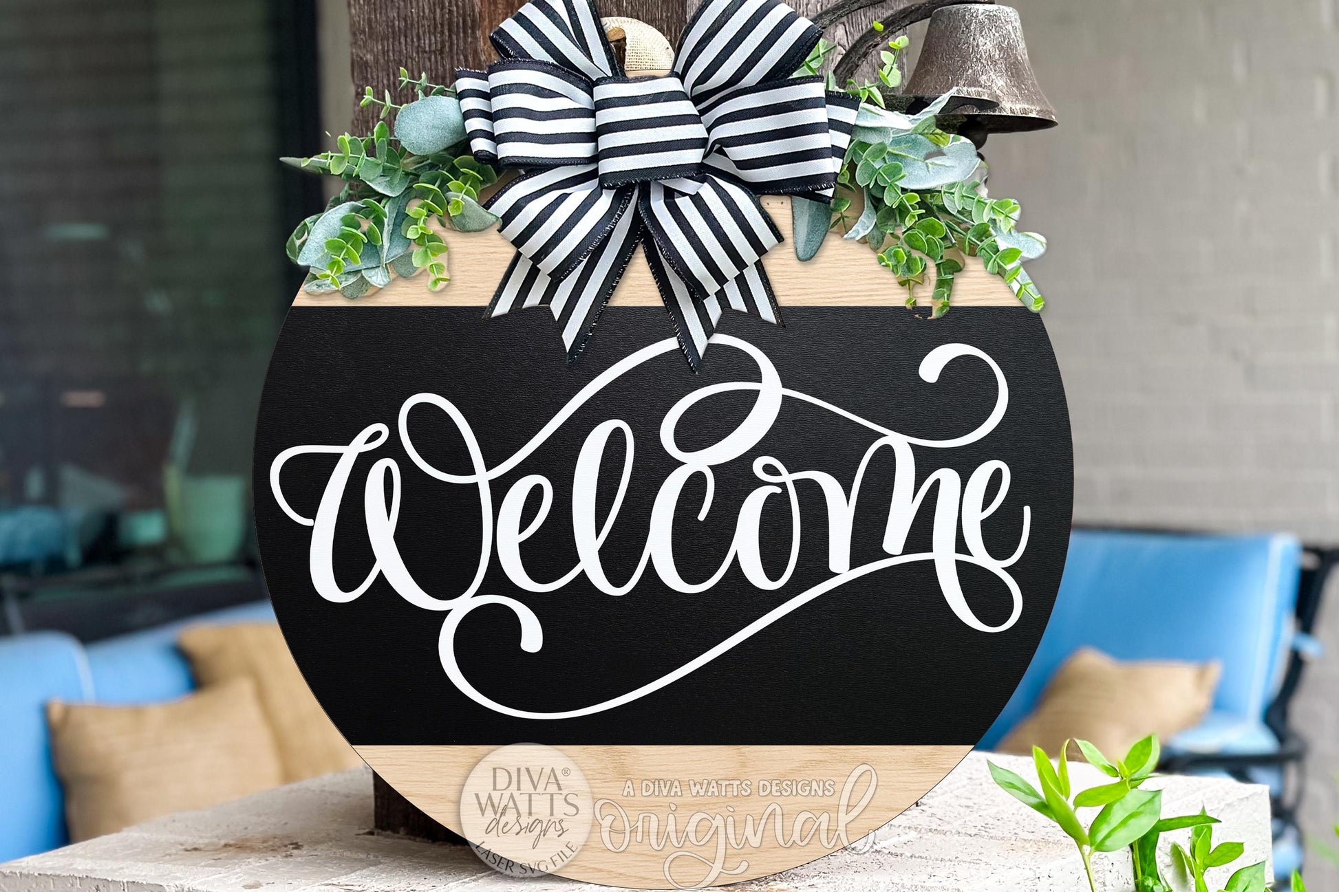 Welcome Round Door Hanger SVG File, Welcome Door Sign Laser Cut Design, Farmhouse Porch Decor, Layered DIY Wood Round Sign SVG Everyday Sign