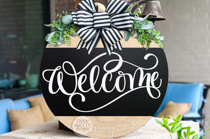 Welcome Round Door Hanger SVG File, Welcome Door Sign Laser Cut Design, Farmhouse Porch Decor, Layered DIY Wood Round Sign SVG Everyday Sign
